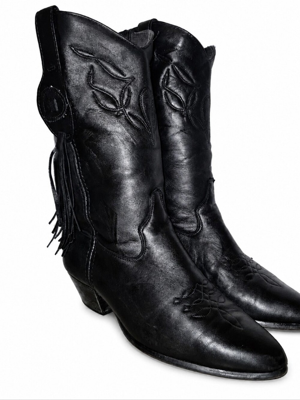 Vintage Laredo 16893 Black Leather Fringe Tassel Cowboy Boots Womens 7 USA